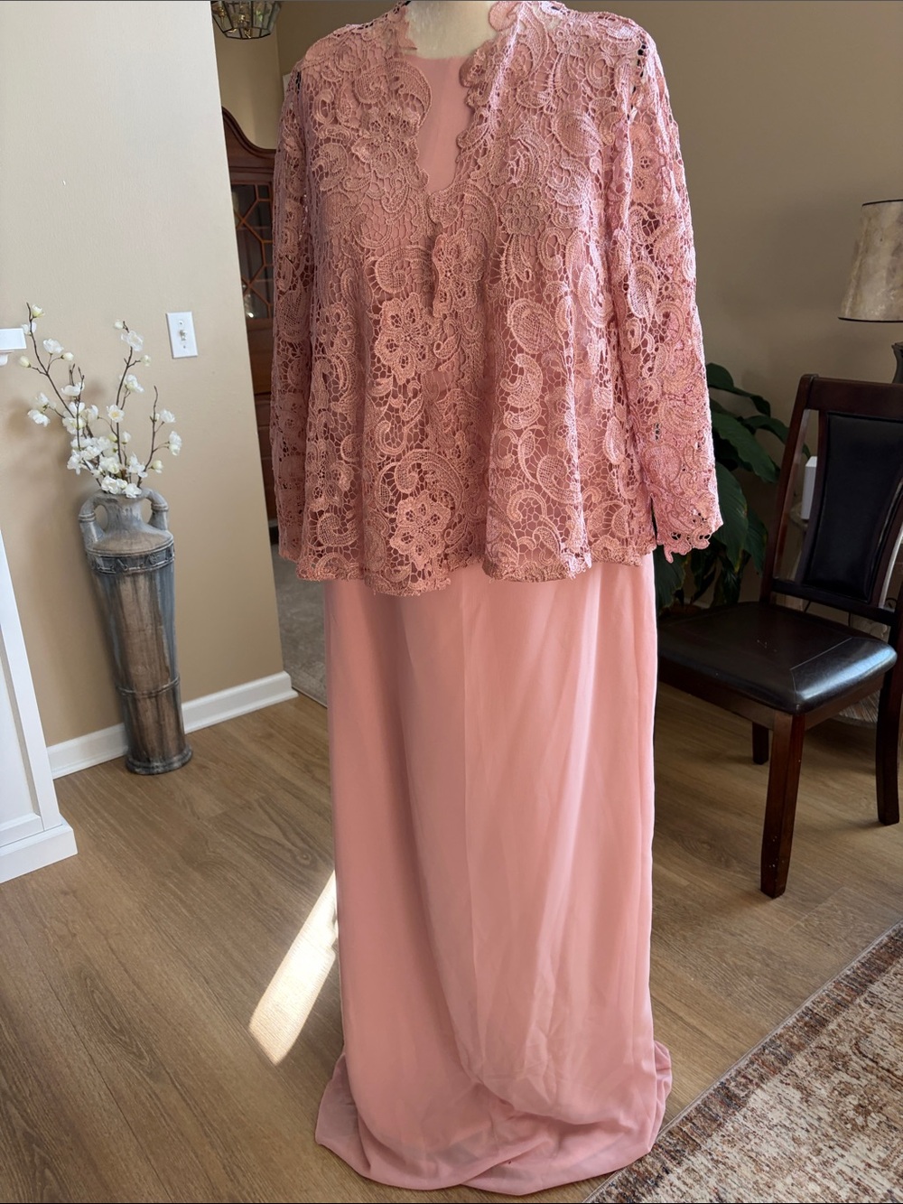 Blush Pink Lace Overlay Evening Gown